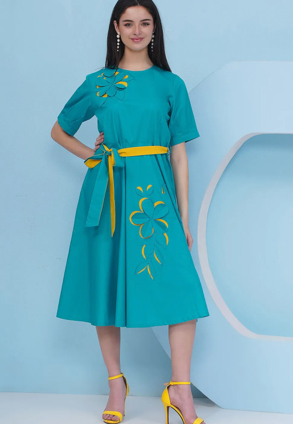 Embroidered Cotton Fit N Flare Dress in Teal Blue