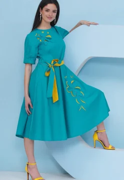 Embroidered Cotton Fit N Flare Dress in Teal Blue