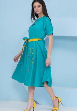 Embroidered Cotton Fit N Flare Dress in Teal Blue