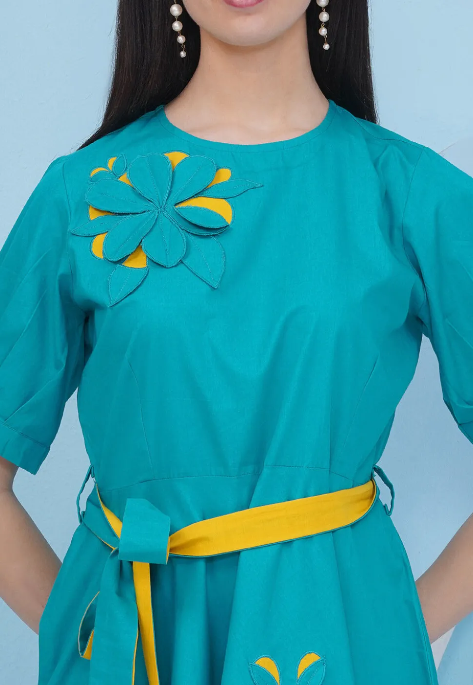 Embroidered Cotton Fit N Flare Dress in Teal Blue