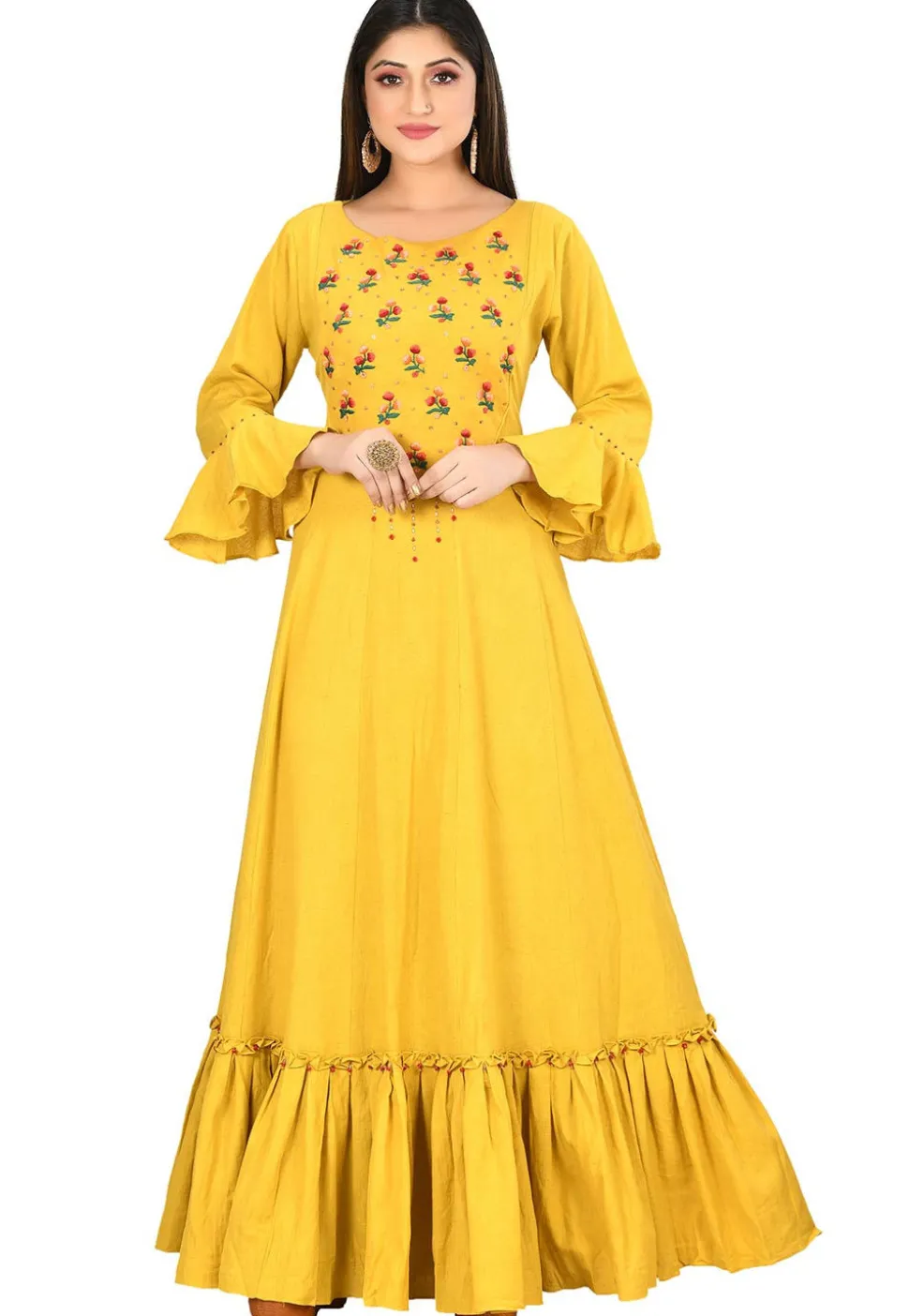 Embroidered Cotton Flex Ruffled Hemline Gown in Yellow