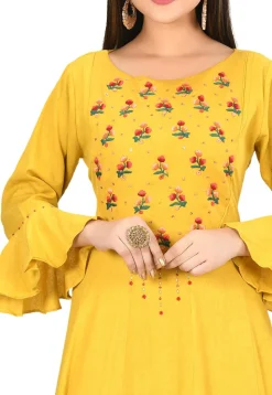 Embroidered Cotton Flex Ruffled Hemline Gown in Yellow