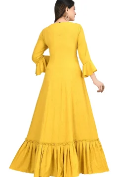 Embroidered Cotton Flex Ruffled Hemline Gown in Yellow