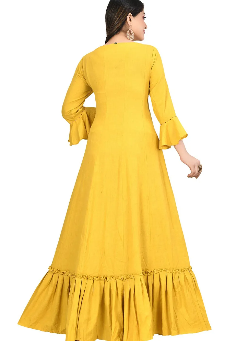 Embroidered Cotton Flex Ruffled Hemline Gown in Yellow