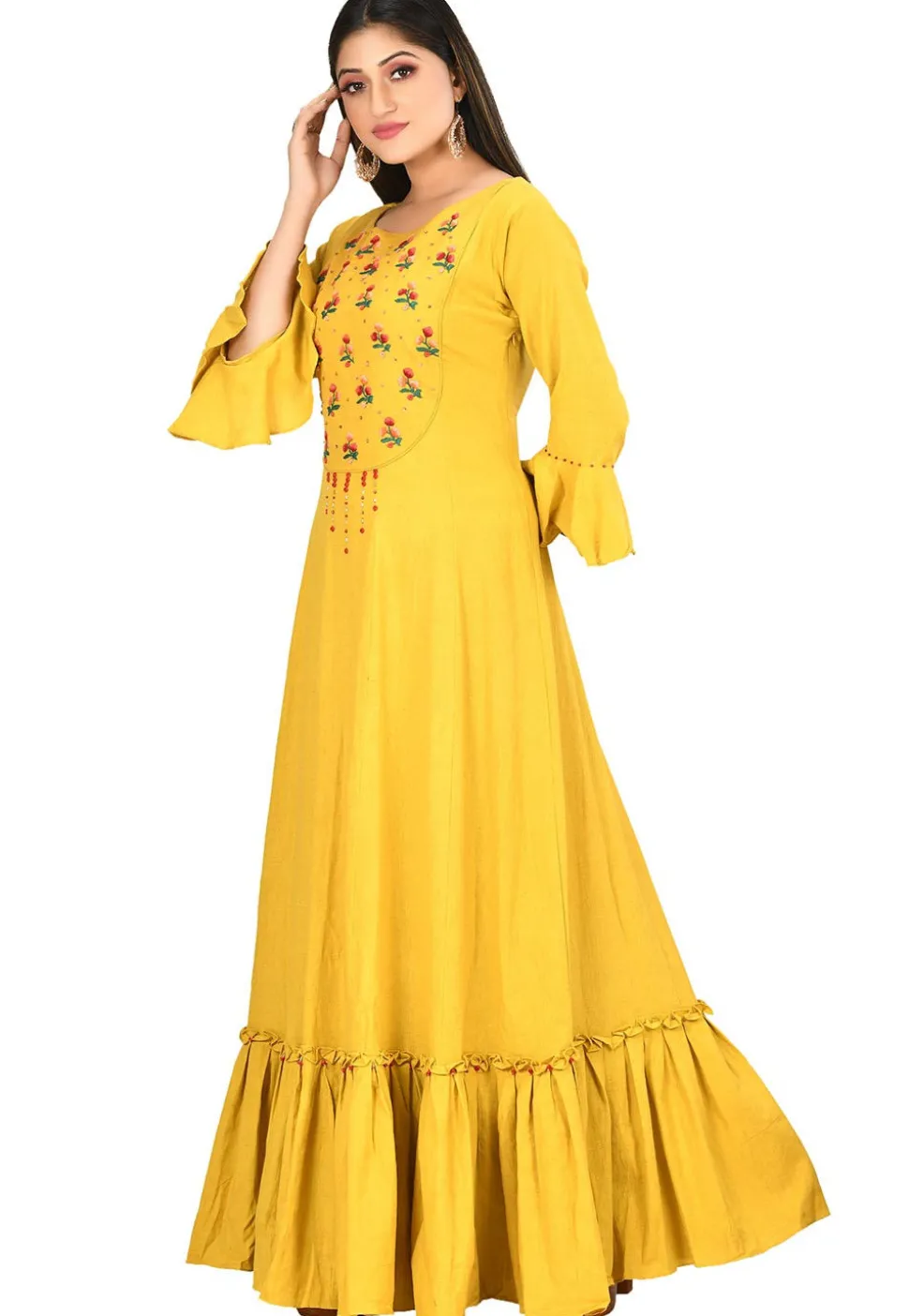 Embroidered Cotton Flex Ruffled Hemline Gown in Yellow