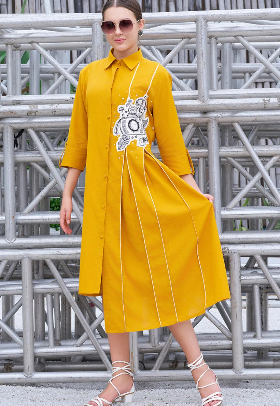 Embroidered Cotton High Low Dress in Dark Mustard