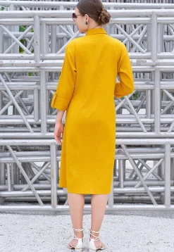 Embroidered Cotton High Low Dress in Dark Mustard