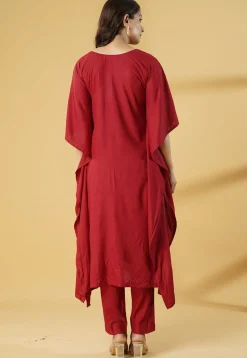 Embroidered Cotton Kaftan Set in Maroon