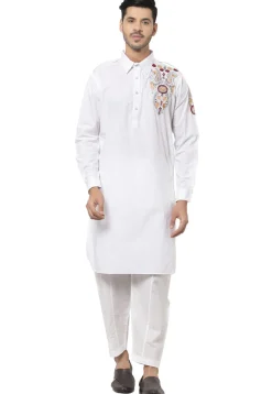 Embroidered Cotton Kurta Set in White
