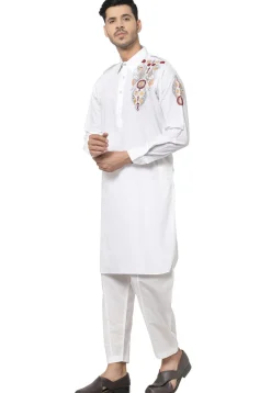 Embroidered Cotton Kurta Set in White
