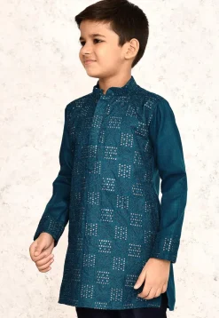 Embroidered Cotton Kurta in Teal Blue