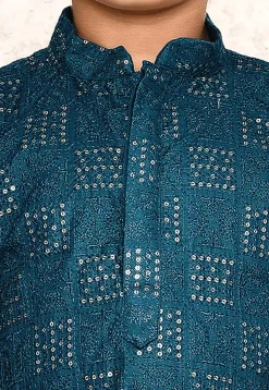 Embroidered Cotton Kurta in Teal Blue