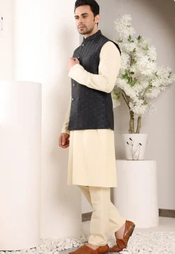 Embroidered Cotton Kurta Set in Light Beige and Black