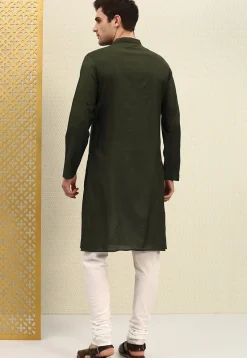 Embroidered Cotton Kurta Set in Dark Olive Green