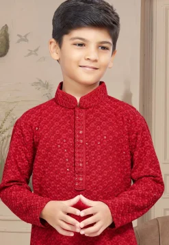 Embroidered Cotton Kurta Set in Maroon