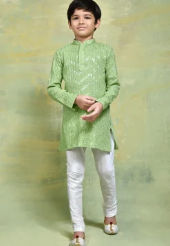 Embroidered Cotton Kurta Set in Pastel Green