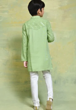 Embroidered Cotton Kurta Set in Pastel Green