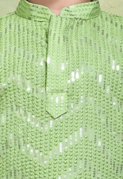 Embroidered Cotton Kurta Set in Pastel Green