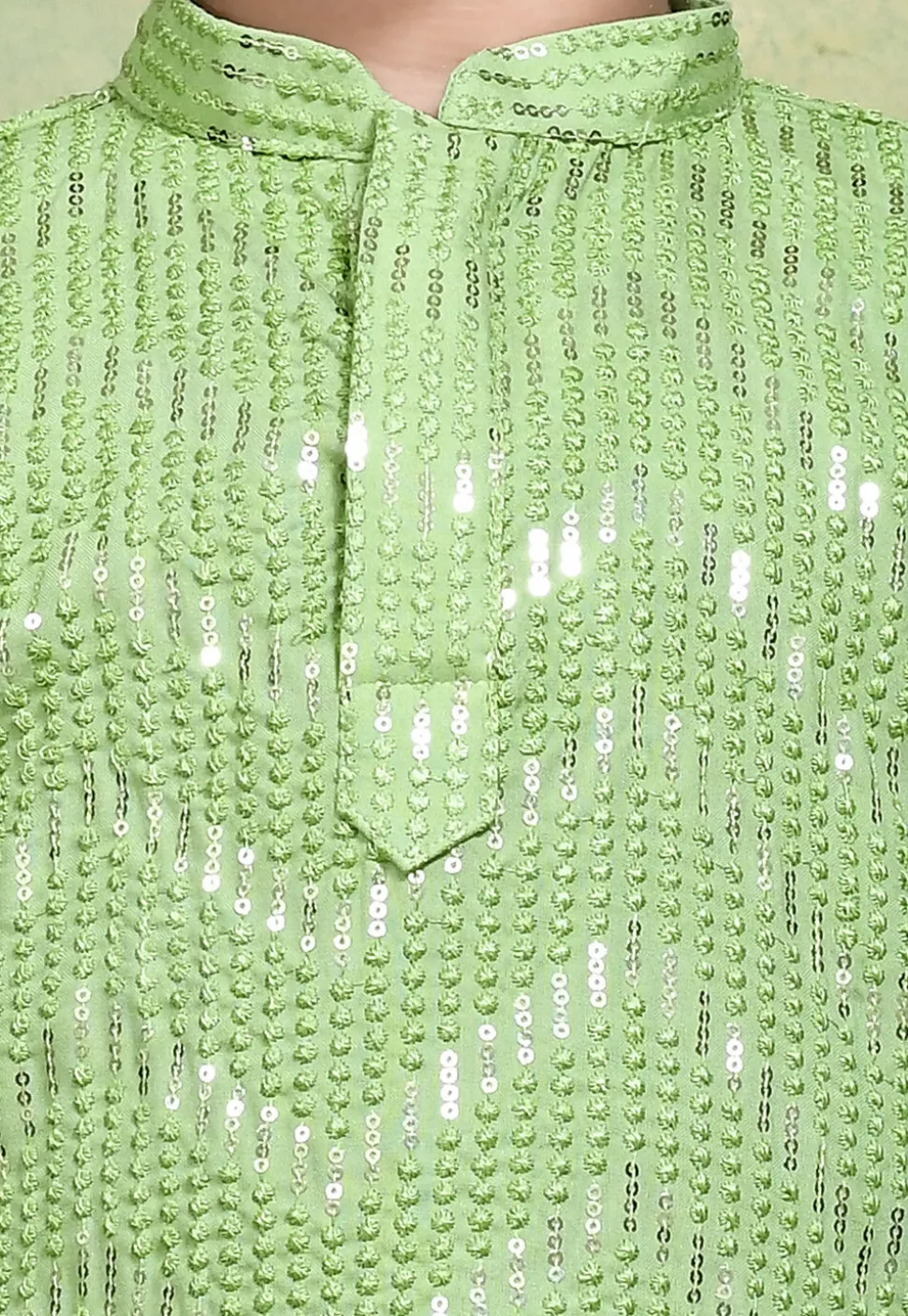 Embroidered Cotton Kurta Set in Pastel Green