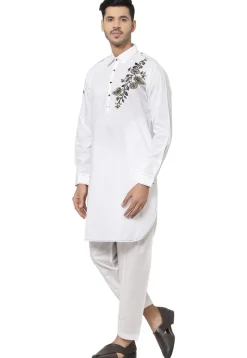 Embroidered Cotton Kurta Set in White