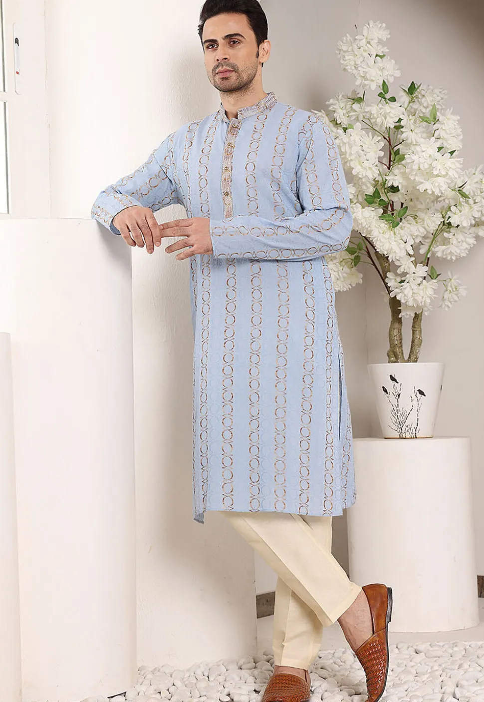 Embroidered Cotton Kurta Set in Sky Blue
