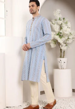Embroidered Cotton Kurta Set in Sky Blue