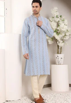 Embroidered Cotton Kurta Set in Sky Blue