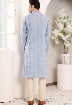 Embroidered Cotton Kurta Set in Sky Blue