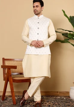 Embroidered Cotton Kurta Set in Light Beige and White