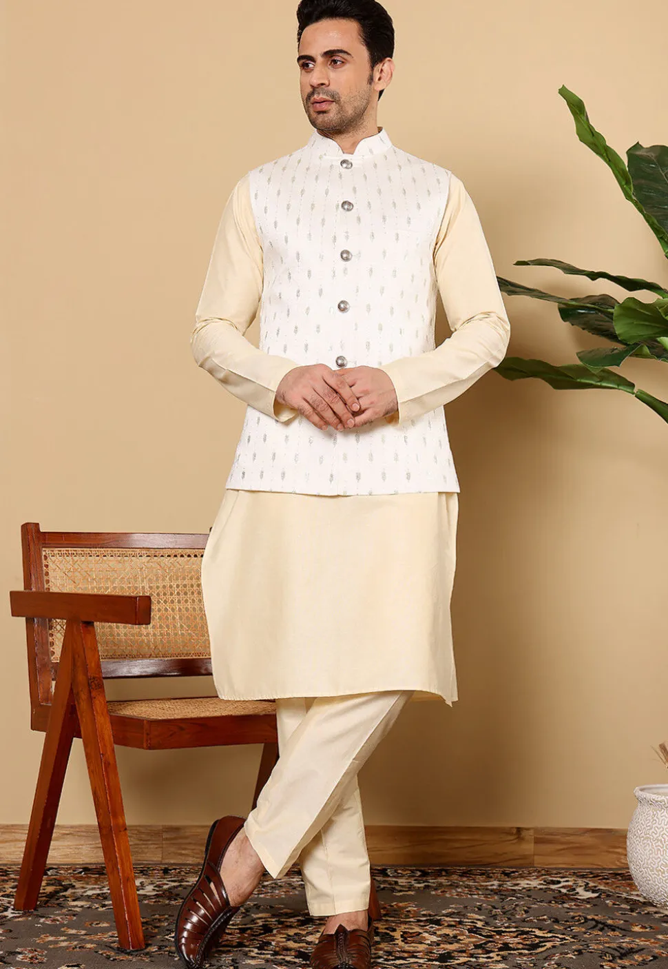 Embroidered Cotton Kurta Set in Light Beige and White