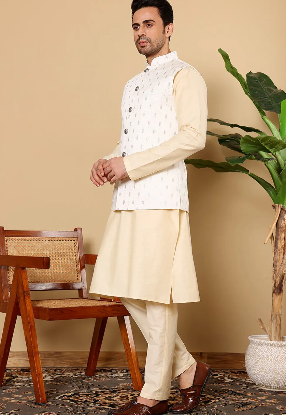 Embroidered Cotton Kurta Set in Light Beige and White