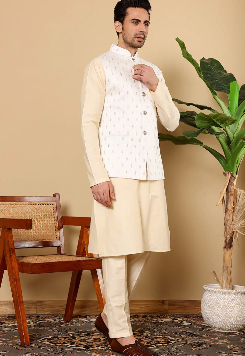 Embroidered Cotton Kurta Set in Light Beige and White