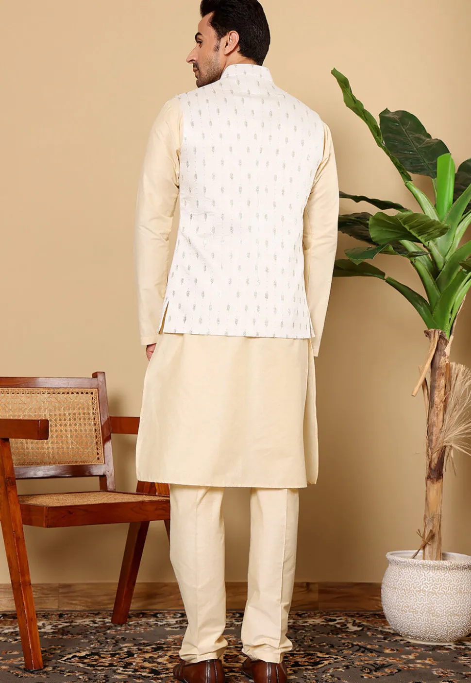 Embroidered Cotton Kurta Set in Light Beige and White