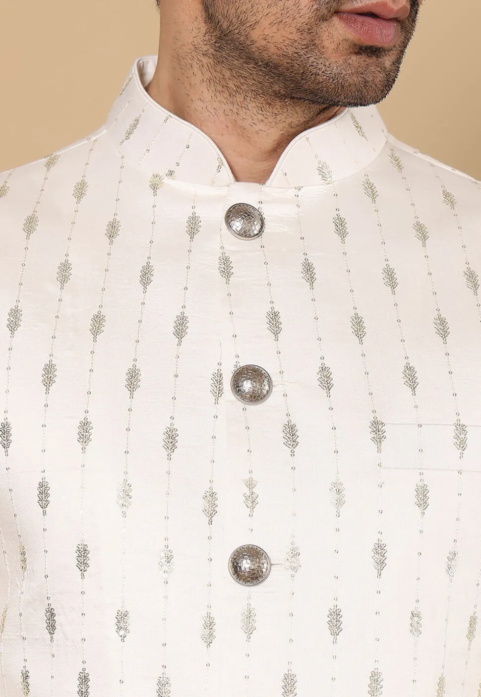 Embroidered Cotton Kurta Set in Light Beige and White