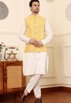 Embroidered Cotton Kurta Set in Off White and Yellow