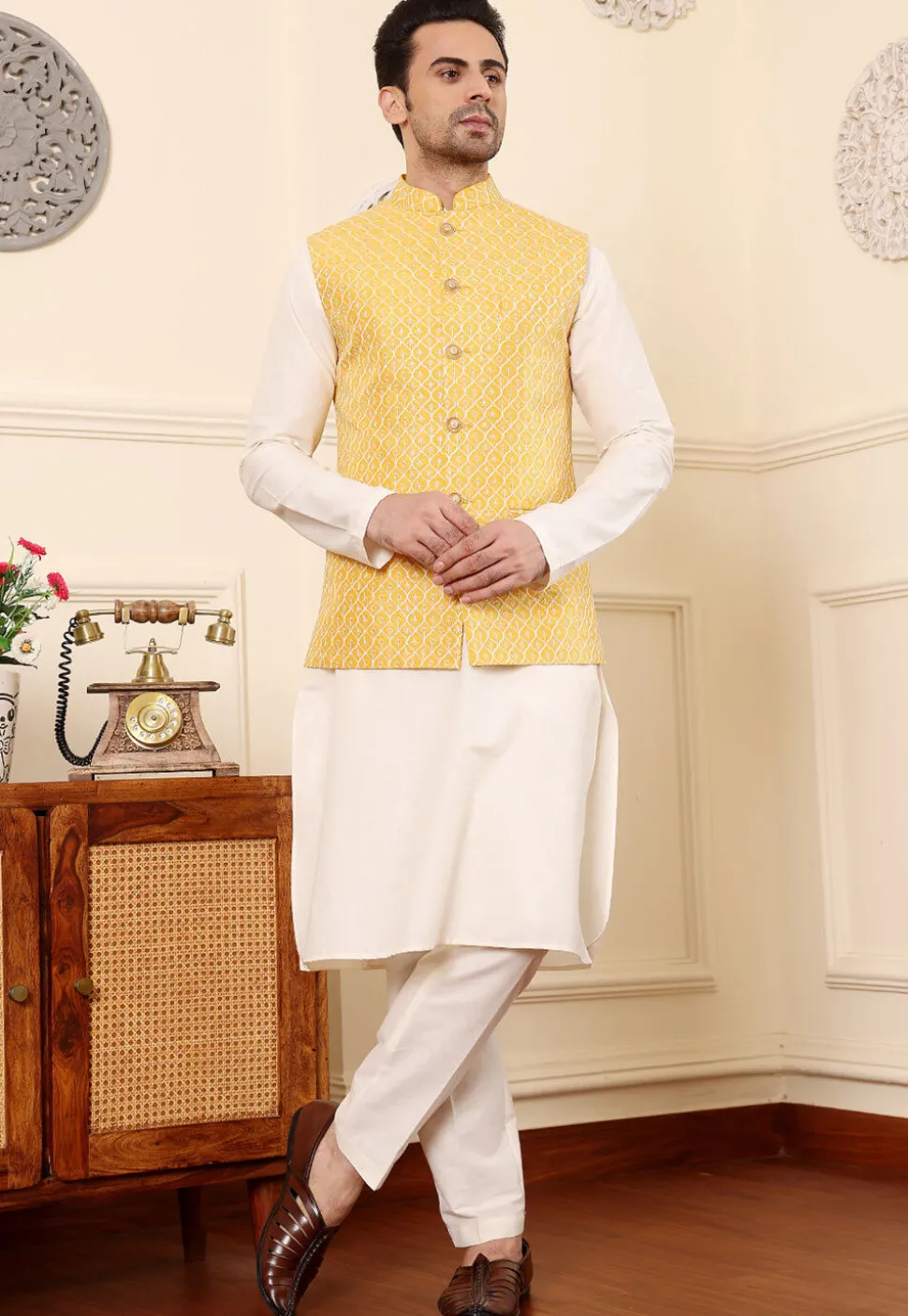 Embroidered Cotton Kurta Set in Off White and Yellow
