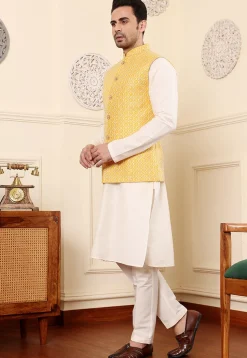 Embroidered Cotton Kurta Set in Off White and Yellow