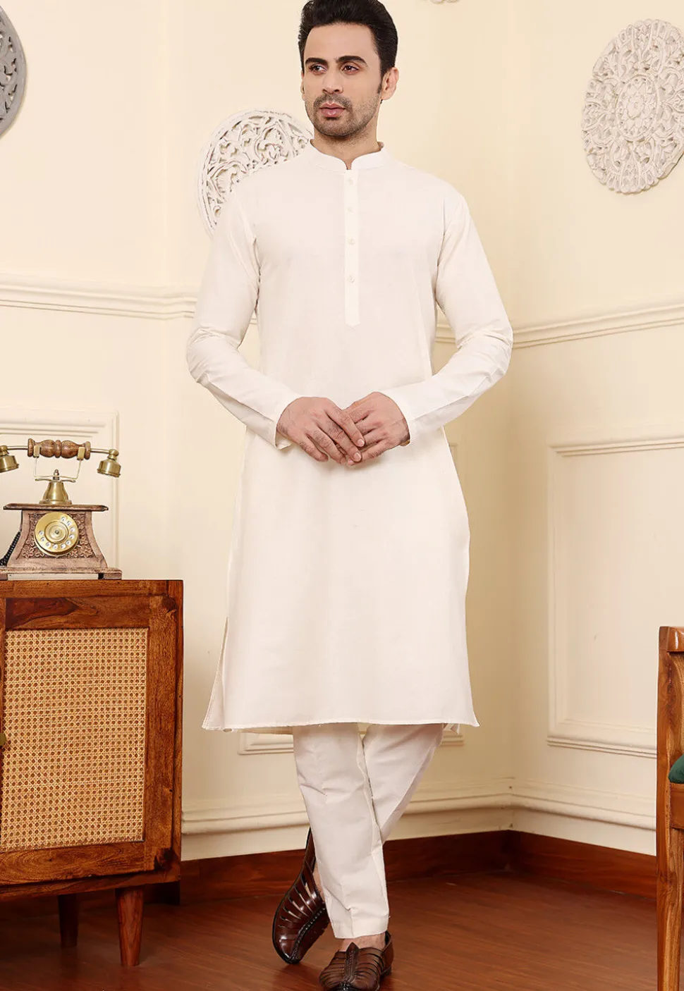 Embroidered Cotton Kurta Set in Off White and Yellow