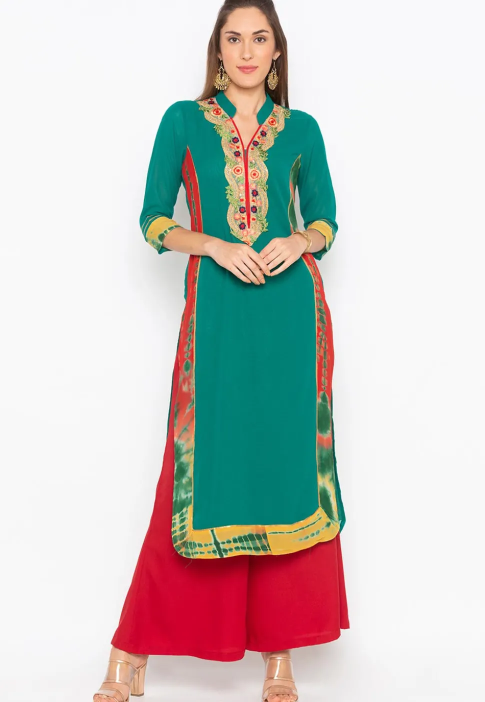 Embroidered Cotton Kurta Set in Teal Green