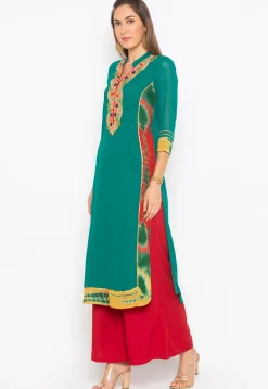 Embroidered Cotton Kurta Set in Teal Green