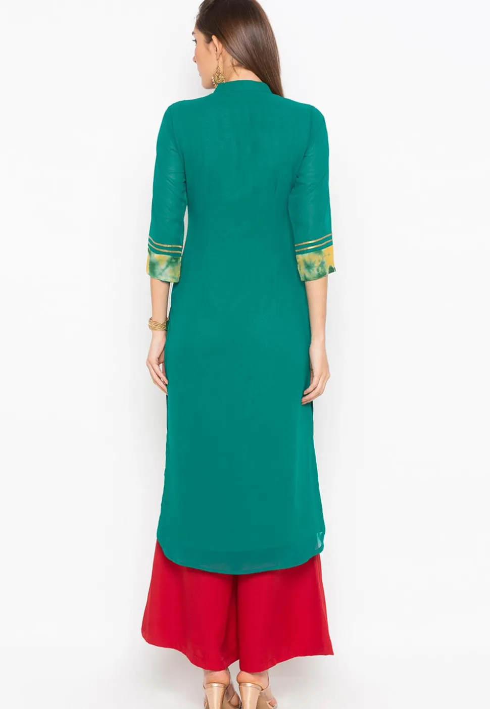 Embroidered Cotton Kurta Set in Teal Green