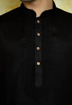 Embroidered Cotton Kurta in Black