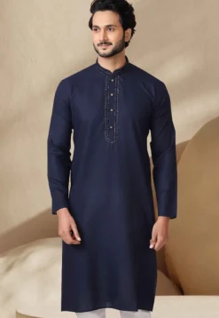 Embroidered Cotton Kurta in Navy Blue