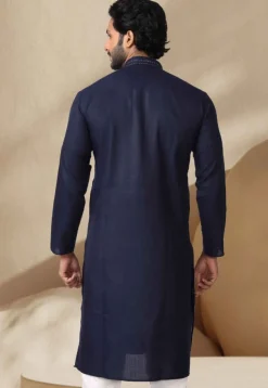 Embroidered Cotton Kurta in Navy Blue