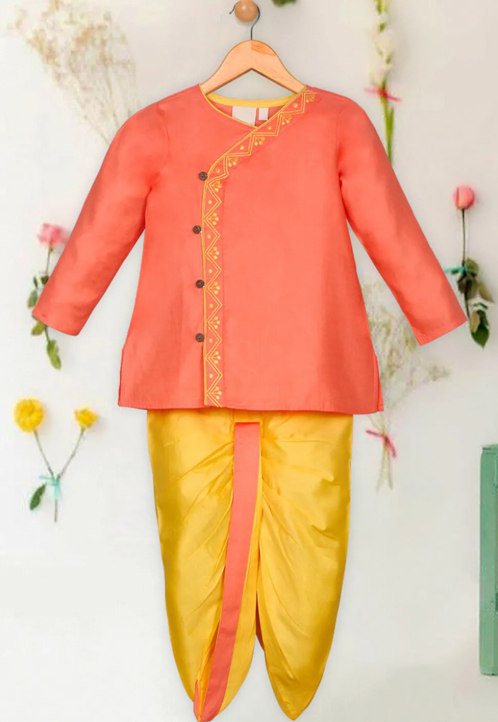 Embroidered Cotton Kurta Set in Peach