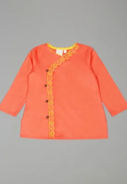 Embroidered Cotton Kurta Set in Peach