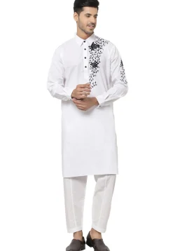 Embroidered Cotton Kurta Set in White