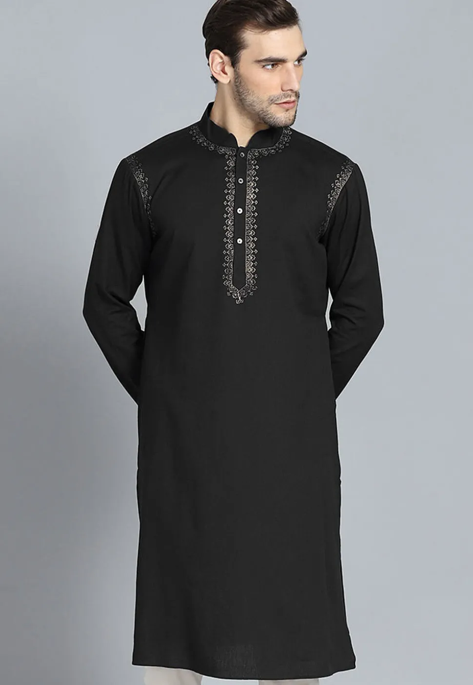 Embroidered Cotton Kurta in Black