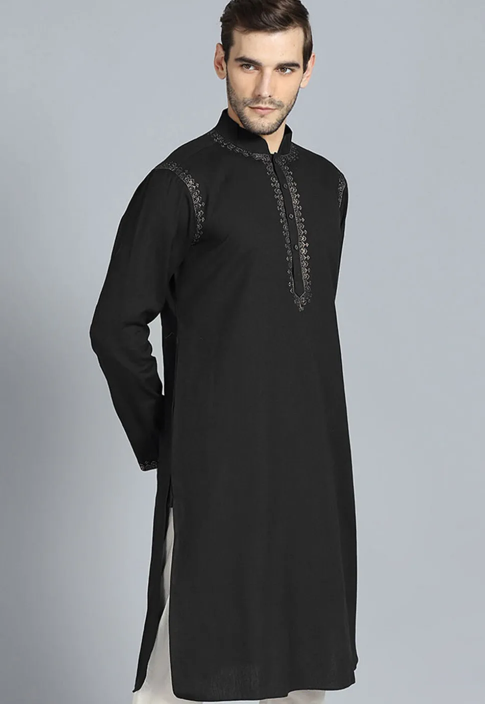 Embroidered Cotton Kurta in Black