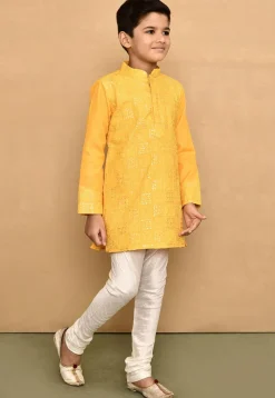 Embroidered Cotton Kurta Set in Yellow